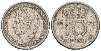 Нидерланды 10 центов 1948 Вильгельмина (1895-1948) KM 177 никель 4174-931