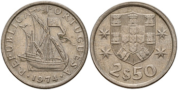 Португалия 2,5 эскудо 1974 парусник KM 590 медно-никель 4189-845