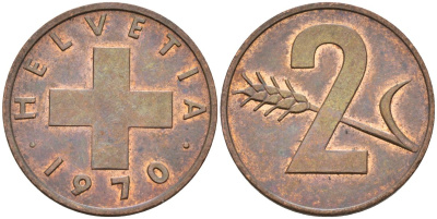 Швейцария 2 раппена 1970 KM 47 бронза 4592-632