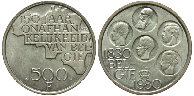 Бельгия 500 франков 1980 150 лет независимости, Belgie, Бодуэн I (1951-1993) KM 162 медно-никель покрытый серебром UNC 443-111