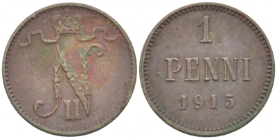 РОССИЯ ДЛЯ ФИНЛЯНДИИ 1 ПЕННИ 1915 НИКОЛАЙ II KM 13, Биткин 475 медь 261-1132