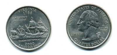 США 25 центов = квотер 2000 D, серия штаты США, Вирджиния KM 309медь плакированная медно-никелем 46-1341