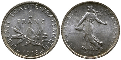 Франция 1 франк 1918 сеятель KM 844.1, Le Franc 217.24 серебро UNC 259-721