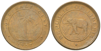 Либерия 1/2 цента 1937 KM 10 латунь aUNC 4585-1148