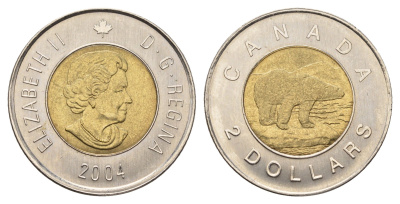 Канада 2 доллара 2004 Елизавета II (1952-2022), полярный медведь KM 496 биметалл aUNC 106-1115