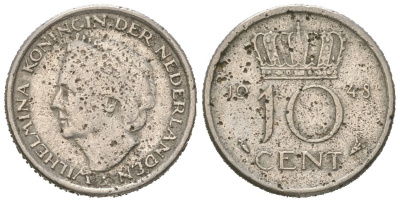 Нидерланды 10 центов 1948 Вильгельмина (1895-1948) KM 177 никель 4174-931