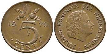 НИДЕРЛАНДЫ 5 ЦЕНТОВ 1970 ЮЛИАНА KM 181 бронза 3999-243