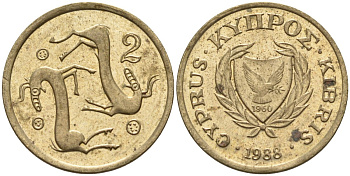 Кипр 2 цента 1988 KM 54.2 никель латунь 4174-1247