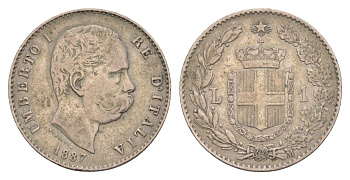 Италия 1 лира 1887 M, Умберто I (1878-1900) KM 24 серебро 272-323