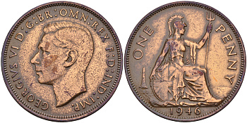 Великобритания 1 пенни 1946 Георг VI (1936-1952) KM 845, Spink 4114 бронза    4149-431