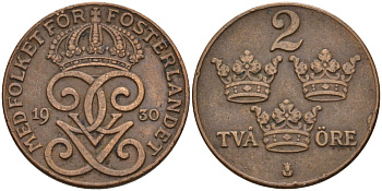 Швеция 2 эре 1930 Густав V (1907-1950) KM 778 бронза 4147-544