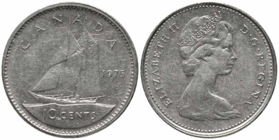 Канада 10 центов 1975 Елизавета II (1952-2022), парусник KM 77.1 никель 112-434