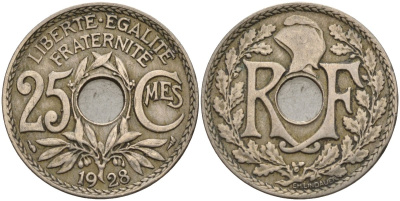 Франция 25 сантимов 1928 KM 867a, Le Franc 171.7 медно-никель 4143-432
