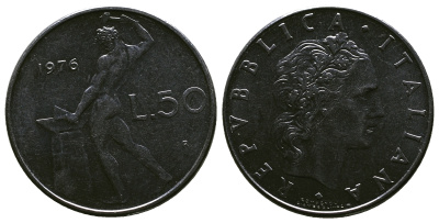 ИТАЛИЯ 50 ЛИР 1976 R, КУЗНЕЦ KM 95.1 нержавеющая сталь 4384-1121