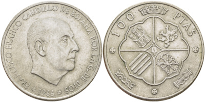 Испания 100 песет 1966 (67) Франсиско Франко (1939-1975) KM 797 серебро 1521-1034