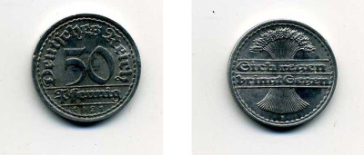 ГЕРМАНИЯ 50 ПФЕННИГОВ 1921 F KM 27, J. 301 алюминий 35-1227