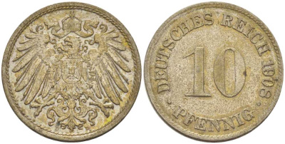 ГЕРМАНИЯ 10 ПФЕННИГОВ 1908 D KM 12, J. 13, Weege 8 медно-никель 212-117