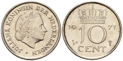 Нидерланды 10 центов 1971 Юлиана (1948-1980) KM 182 никель 4598-313