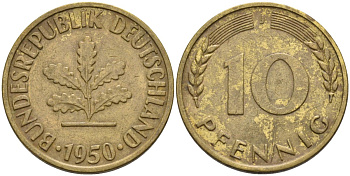ФРГ 10 пфеннигов 1950 J KM 108, J. 383 сталь плакированная латунью 4586-632