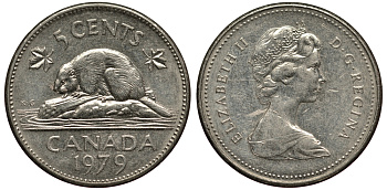 КАНАДА 5 ЦЕНТОВ 1979 БОБЁР, ЕЛИЗАВЕТА II (1952-) KM 60.2 никель 4182-253
