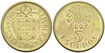 Португалия 5 эскудо 1986 KM 632 никель латунь 4148-436
