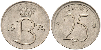 Бельгия 25 сантимов 1974 BELGIQUE, монетный тип KM 153.1 медно-никель 4594-559