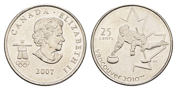 Канада 25 центов 2007 XXI зимние Олимпийские Игры, Ванкувер 2010 - Кёрлинг KM 682 сталь плакированная никелем UNC 4652-1137