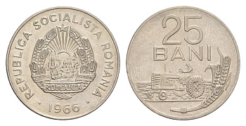 Румыния 25 бань (бани) 1966 KM 94 сталь плакированная никелем UNC 4632-1028