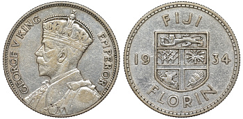 Фиджи 1 флорин 1934 Георг V (1910-1936), герб Фиджи KM 5 серебро 91-1243