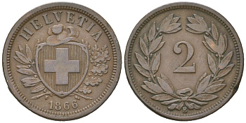 Швейцария 2 раппена 1866 B KM 4 бронза 4547-626