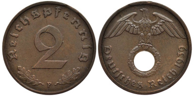 ГЕРМАНИЯ 2 РЕЙХСПФЕННИГА 1939 F KM 90, Jager 362 бронза 4546-921