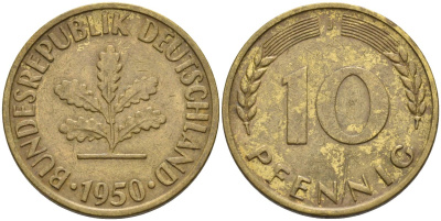 ФРГ 10 пфеннигов 1950 J KM 108, J. 383 сталь плакированная латунью 4586-632
