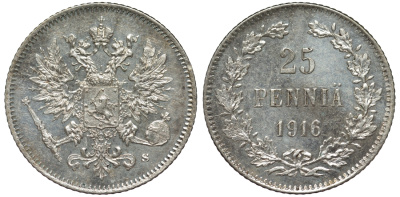 Россия для Финляндии 25 пенни 1916 S, Николай II (1894-1917) KM 6.2, Биткин 421 серебро 75-1242
