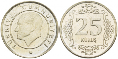 ТУРЦИЯ 25 КУРУШ 2009 KM 1242 медно-никель 3309-1133
