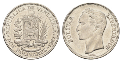 Венесуэла 2 боливара 1967 Симон Боливар Y 43 никель UNC 4666-1231