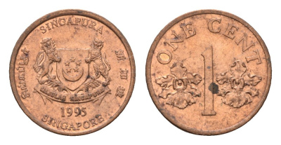 Сингапур 1 цент 1995 KM 98 цинк плакированный медью UNC 4674-836