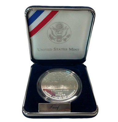 США 1 доллар 2002 P, XIX зимние Олимпийские Игры, Солт-Лейк-Сити 2002, в оригинальной коробке KM 336 серебро PROOF 3-6-2-06