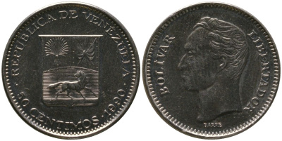 Венесуэла 50 сентимо 1990 KM 41a сталь плакированная никелем 4576-942