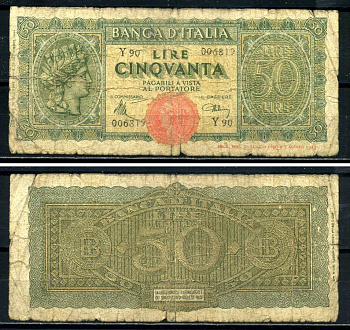 Италия 50 лир 1944 Pick 74, Grapanzano 131A 3295-60-1-2