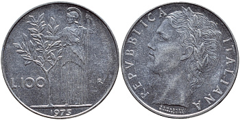 ИТАЛИЯ 100 ЛИР 1975 R, АФИНА KM 96.1 нержавеющая сталь 4394-615