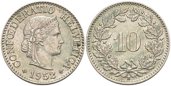 ШВЕЙЦАРИЯ 10 РАППЕНОВ 1952 В KM 27 медно-никель 55-235