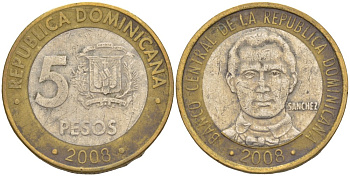 Доминиканская республика 5 песо 2008 Санчес KM 89 биметалл 4541-1124