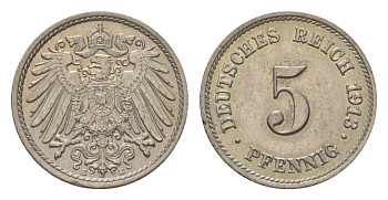 Германия 5 пфеннигов 1913 E, Вильгельм II (1888-1918) KM 11, J. 12 медно-никель UNC 4625-1027