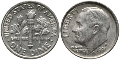 США 10 ЦЕНТОВ = 1 ДАЙМ 1991 Р, РУЗВЕЛЬТ KM 195а медь плакированная медно-никелем 112-647