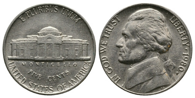 США 5 ЦЕНТОВ 1980 P, ДЖЕФЕРСОН KM A192 медно-никель 89-626