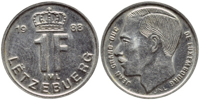 ЛЮКСЕМБУРГ 1 ФРАНК 1988 ВЕЛИКИЙ ГЕРЦОГ ЖАН KM 63 никель сталь 4396-1142