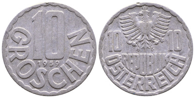 Австрия 10 грошей 1959 КМ 2878 алюминий 4379-911