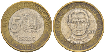 Доминиканская республика 5 песо 2008 Санчес KM 89 биметалл 4541-1124