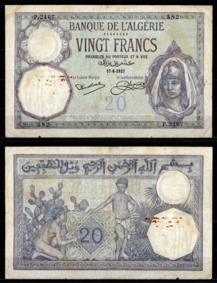 Алжир 20 франков 1927 Pick 78 b бумага 7217-43-2-2