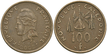 Французская Новая Каледония 100 франков 2002 хижина среди сосен и пальм, (IEOM) KM 15, Schoen 16, Lec 139f никель бронза 109-643
